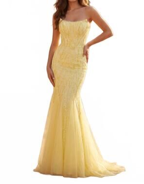 NEW KOS long mermaid beaded evening dress in yellow